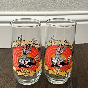 1 Pair Looney Tunes Bugs Bunny 50th Birthday Glass cups Vintage 1990s